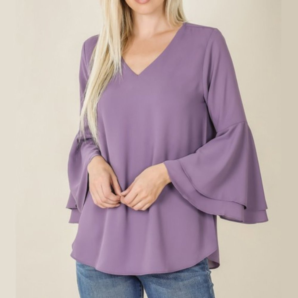 Lilac Grey Bell Sleeve V-Neck Shirt Blouse